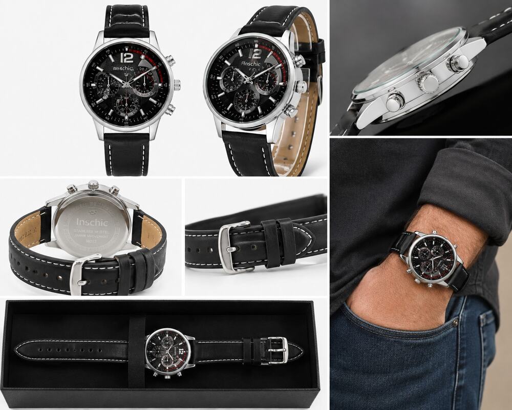 Inschic Men’s Black & Silver Chronograph-Style Watch